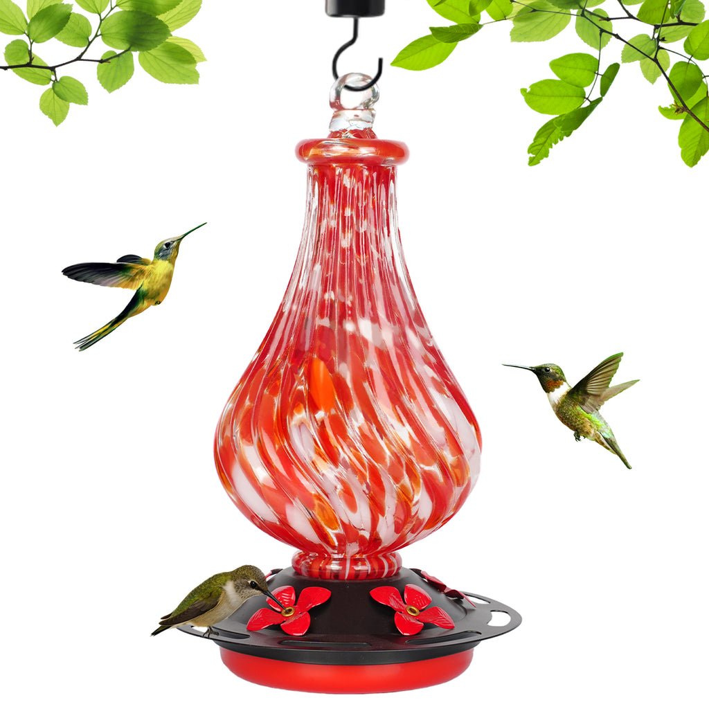 Hand Blown Glass Hummingbird Feeder for Outdoors Hanging