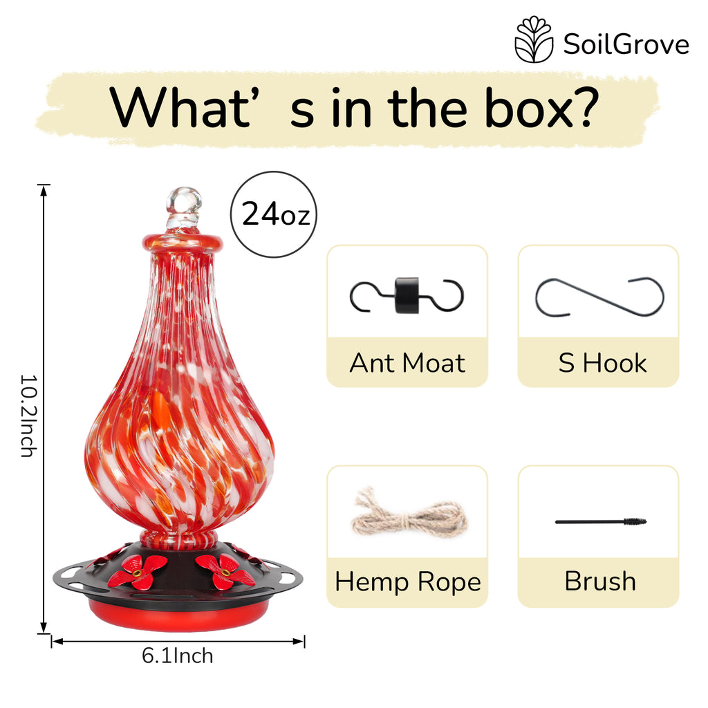 Hand Blown Glass Hummingbird Feeder for Outdoors Hanging