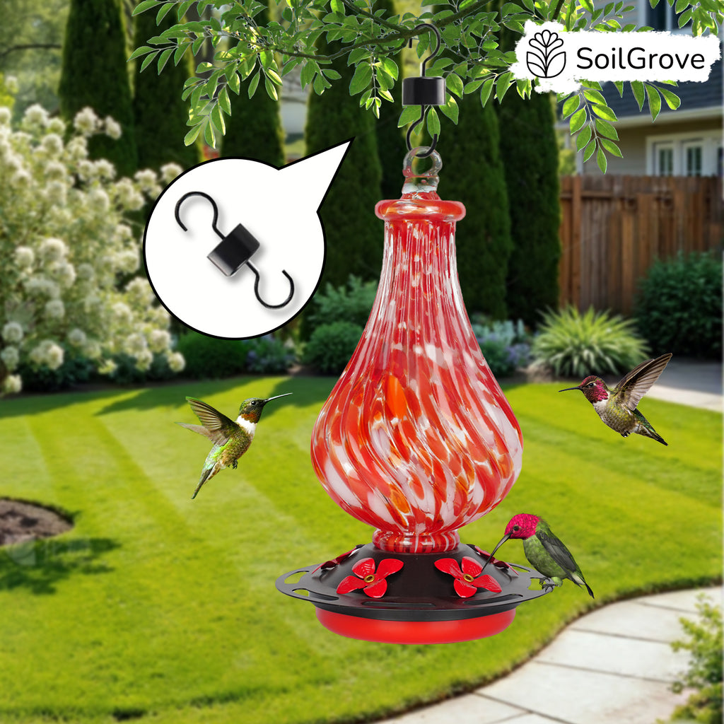 Hand Blown Glass Hummingbird Feeder for Outdoors Hanging