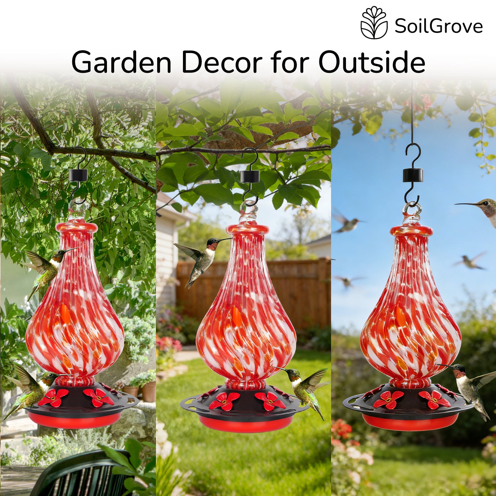 Hand Blown Glass Hummingbird Feeder for Outdoors Hanging
