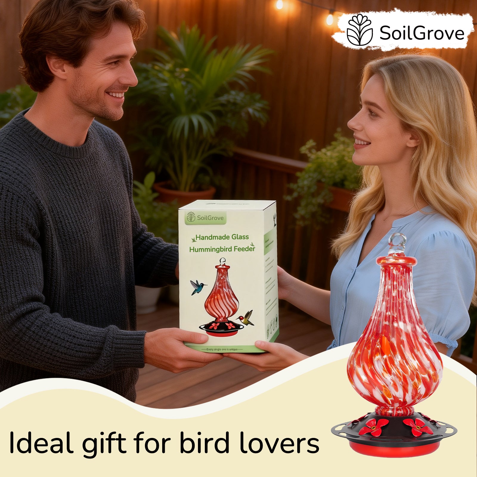 Hand Blown Glass Hummingbird Feeder for Outdoors Hanging